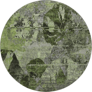 HomeRoots 8' Green and Gray Abstract Round Rug - Stylish, Washable, UV-Protected, Durable for High-Traffic Areas 648853