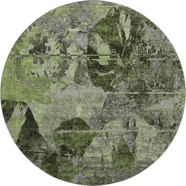 HomeRoots 8' Green and Gray Abstract Round Rug - Stylish, Washable, UV-Protected, Durable for High-Traffic Areas 648853