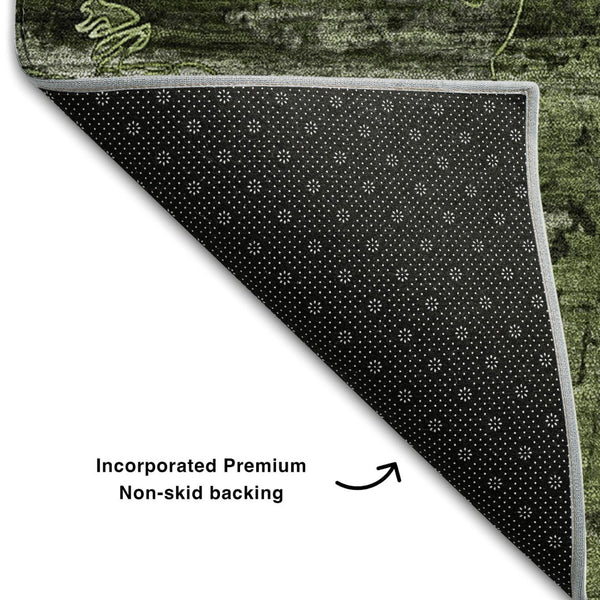 HomeRoots 8' Green and Gray Abstract Round Rug - Stylish, Washable, UV-Protected, Durable for High-Traffic Areas 648853