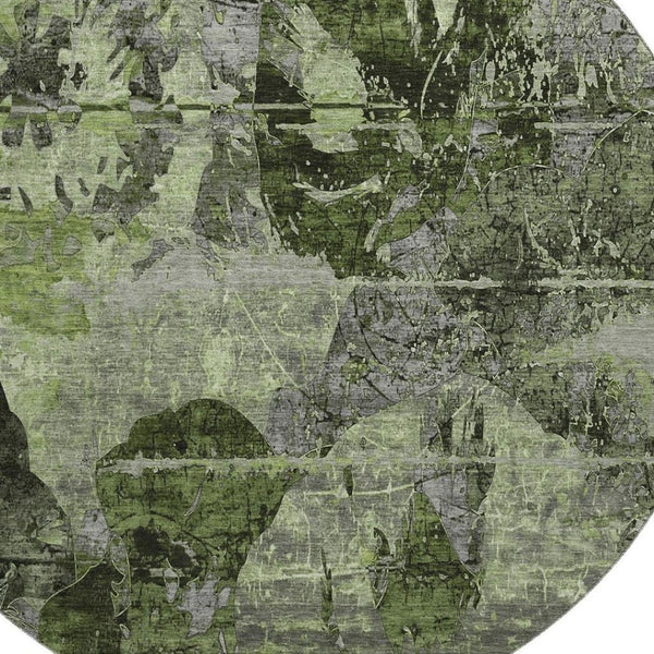 HomeRoots 8' Green and Gray Abstract Round Rug - Stylish, Washable, UV-Protected, Durable for High-Traffic Areas 648853