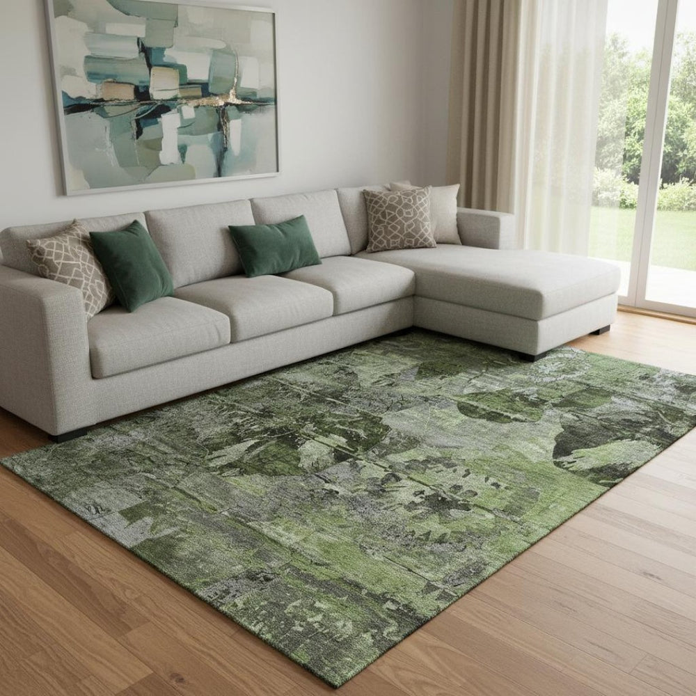 HomeRoots 9' X 12' Green And Gray Abstract Washable Area Rug - Stain & UV Resistant for Busy Households 648855