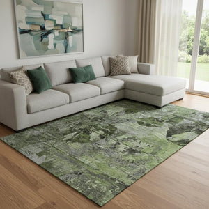 HomeRoots 9' X 12' Green And Gray Abstract Washable Area Rug - Stain & UV Resistant for Busy Households 648855