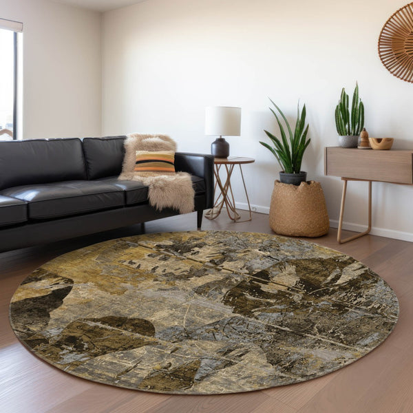 HomeRoots 8' Stylish Coffee & Gray Abstract Round Rug with UV Protection, Stain Resistance for Easy Care 648859