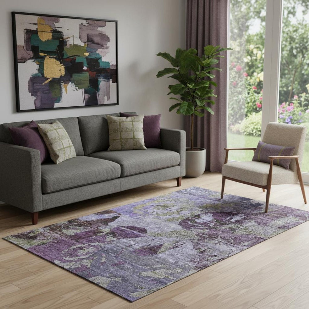 HomeRoots 5' X 8' Eye-Catching Purple and Gray Abstract Rug – Washable, UV-Protected, Durable for High-Traffic Areas 648864