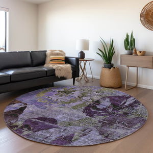 HomeRoots 8' Purple and Gray Abstract Round Rug - Washable, UV Protected, Stain Resistant for Modern Homes 648865