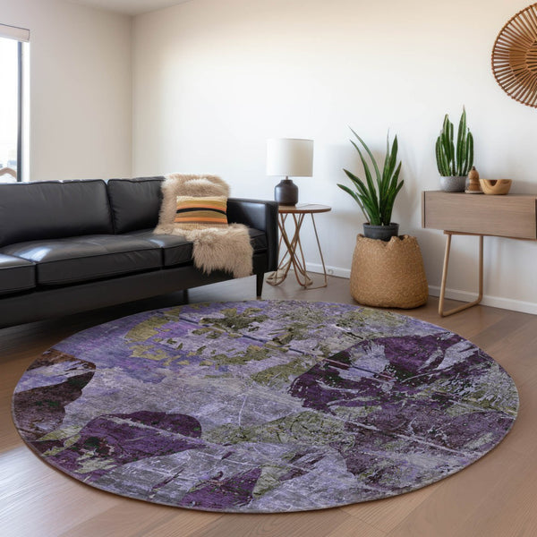 HomeRoots 8' Purple and Gray Abstract Round Rug - Washable, UV Protected, Stain Resistant for Modern Homes 648865