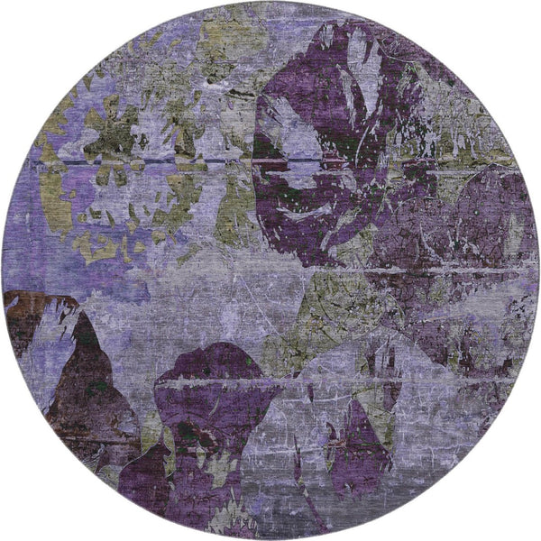 HomeRoots 8' Purple and Gray Abstract Round Rug - Washable, UV Protected, Stain Resistant for Modern Homes 648865