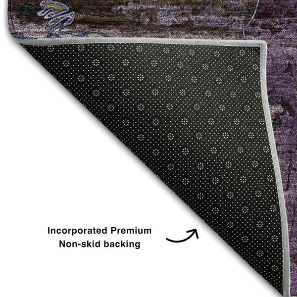 HomeRoots 8' Purple and Gray Abstract Round Rug - Washable, UV Protected, Stain Resistant for Modern Homes 648865