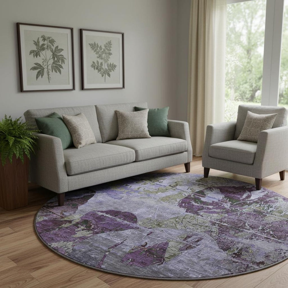 HomeRoots 8' Purple and Gray Abstract Round Rug - Washable, UV Protected, Stain Resistant for Modern Homes 648865