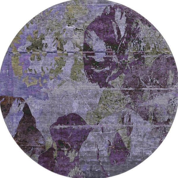 HomeRoots 8' Purple and Gray Abstract Round Rug - Washable, UV Protected, Stain Resistant for Modern Homes 648865