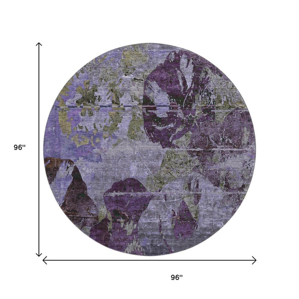 HomeRoots 8' Purple and Gray Abstract Round Rug - Washable, UV Protected, Stain Resistant for Modern Homes 648865