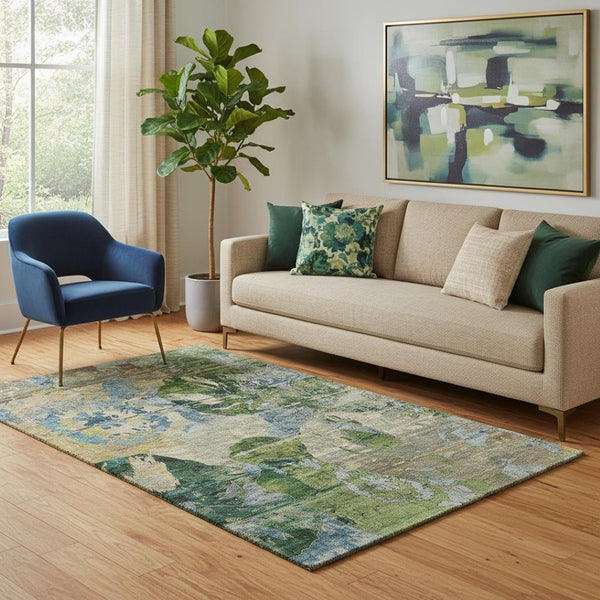 HomeRoots 5' X 8' Washable Abstract Area Rug with UV Protection in Calming Taupe, Green & Blue for Modern Homes 648870