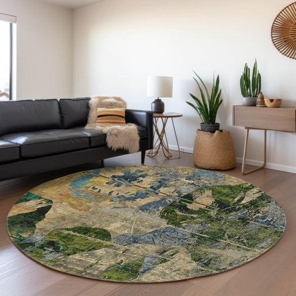 HomeRoots 8' Stylish Abstract Washable Round Rug in Taupe, Green & Blue - UV-Protected for High Traffic Areas 648871