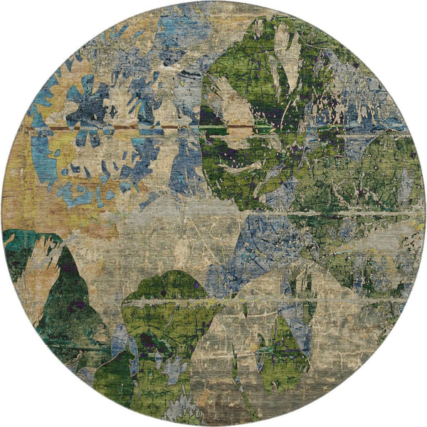 HomeRoots 8' Stylish Abstract Washable Round Rug in Taupe, Green & Blue - UV-Protected for High Traffic Areas 648871