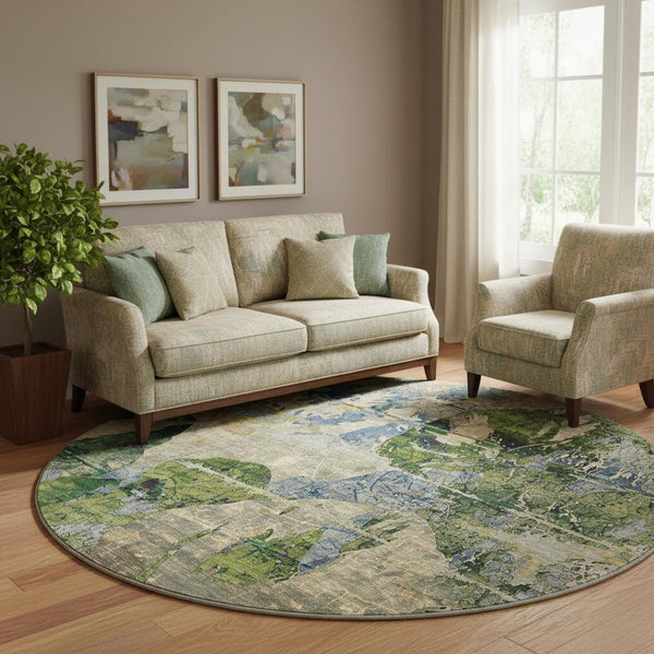 HomeRoots 8' Stylish Abstract Washable Round Rug in Taupe, Green & Blue - UV-Protected for High Traffic Areas 648871