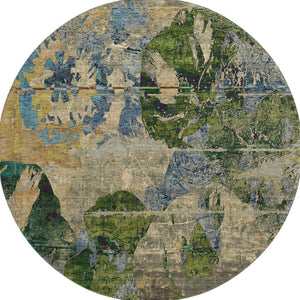 HomeRoots 8' Stylish Abstract Washable Round Rug in Taupe, Green & Blue - UV-Protected for High Traffic Areas 648871