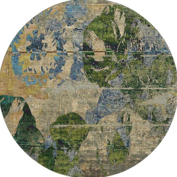 HomeRoots 8' Stylish Abstract Washable Round Rug in Taupe, Green & Blue - UV-Protected for High Traffic Areas 648871