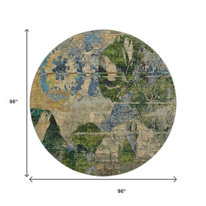 HomeRoots 8' Stylish Abstract Washable Round Rug in Taupe, Green & Blue - UV-Protected for High Traffic Areas 648871