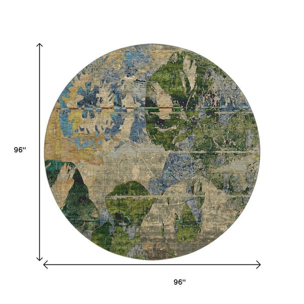 HomeRoots 8' Stylish Abstract Washable Round Rug in Taupe, Green & Blue - UV-Protected for High Traffic Areas 648871
