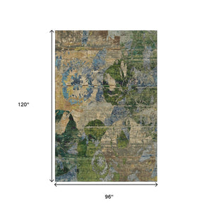 HomeRoots 8' X 10' Abstract Washable Area Rug in Taupe, Green & Blue with UV Protection for High-Traffic Spaces 648872