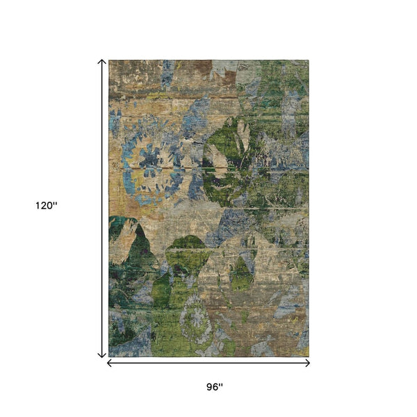HomeRoots 8' X 10' Abstract Washable Area Rug in Taupe, Green & Blue with UV Protection for High-Traffic Spaces 648872