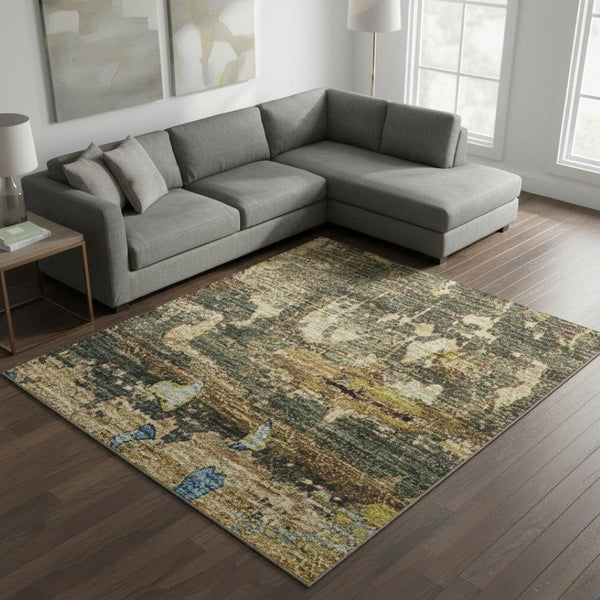 HomeRoots 8' X 10' Abstract Washable Area Rug in Taupe, Green & Blue with UV Protection for High-Traffic Spaces 648872