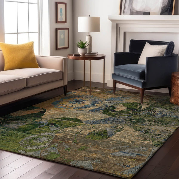 HomeRoots 8' X 10' Abstract Washable Area Rug in Taupe, Green & Blue with UV Protection for High-Traffic Spaces 648872