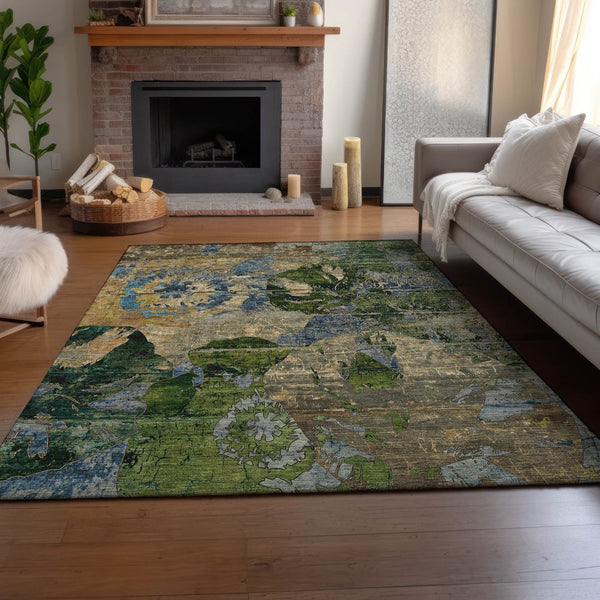 HomeRoots 8' X 10' Abstract Washable Area Rug in Taupe, Green & Blue with UV Protection for High-Traffic Spaces 648872