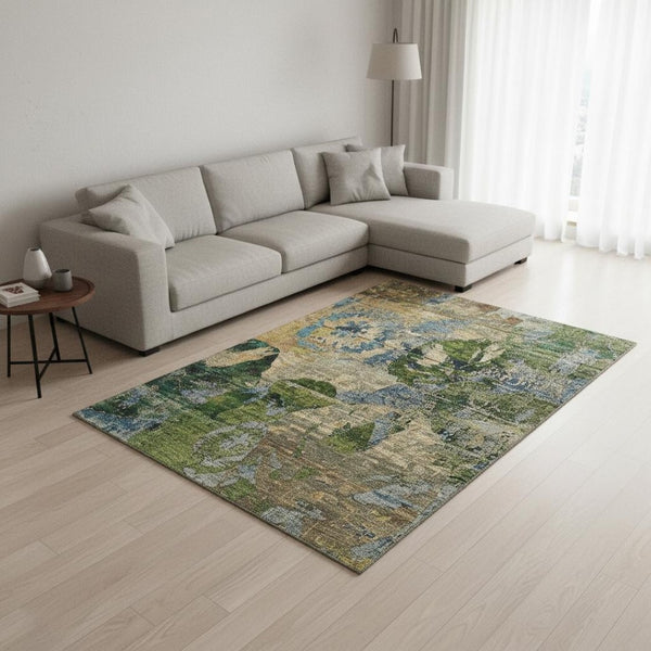 HomeRoots 9' X 12' Taupe Green and Blue Abstract Area Rug - Stain Resistant, UV Protected, Durable for Homes 648873
