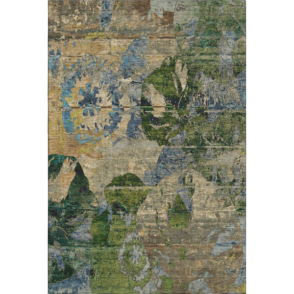 HomeRoots 10' X 14' Washable Abstract Area Rug in Taupe, Green & Blue - UV Protected & Stain Resistant Design 648874