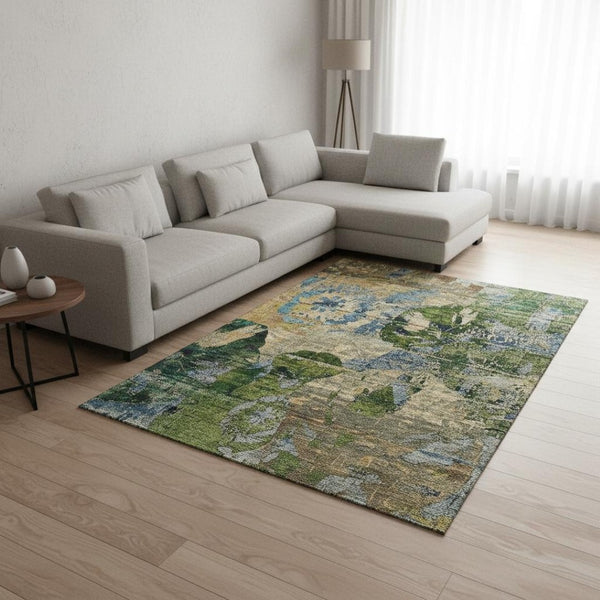 HomeRoots 10' X 14' Washable Abstract Area Rug in Taupe, Green & Blue - UV Protected & Stain Resistant Design 648874
