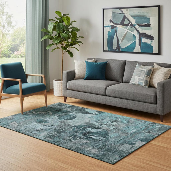 HomeRoots 5' X 8' Teal and Gray Abstract Area Rug – Soft, Stain-Resistant, UV Protected for Modern Homes 648876