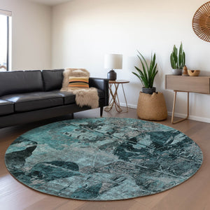 HomeRoots 8' Teal and Gray Abstract Round Rug – Stylish, Washable, UV Protected, Perfect for High Traffic Areas 648877