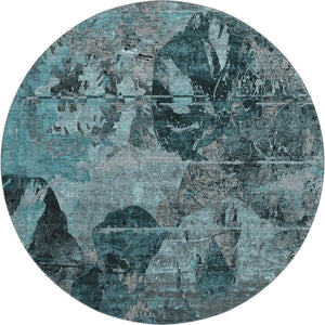 HomeRoots 8' Teal and Gray Abstract Round Rug – Stylish, Washable, UV Protected, Perfect for High Traffic Areas 648877