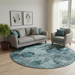HomeRoots 8' Teal and Gray Abstract Round Rug – Stylish, Washable, UV Protected, Perfect for High Traffic Areas 648877