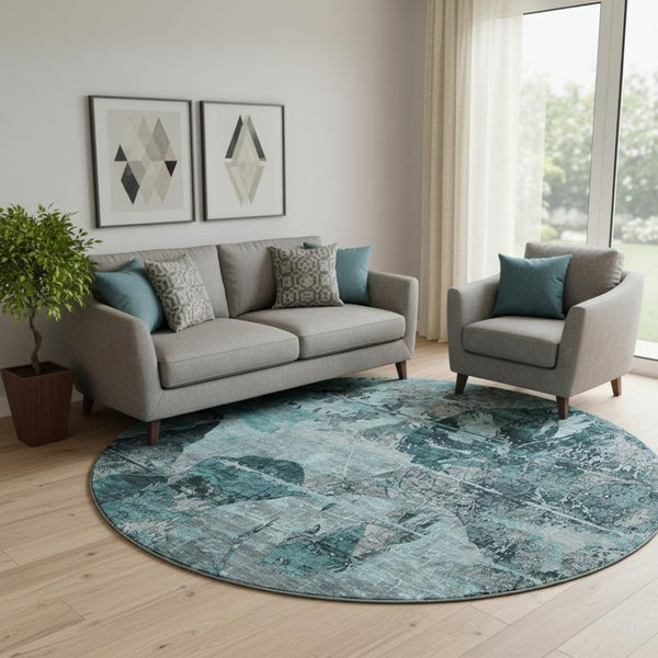 HomeRoots 8' Teal and Gray Abstract Round Rug – Stylish, Washable, UV Protected, Perfect for High Traffic Areas 648877