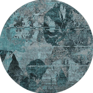 HomeRoots 8' Teal and Gray Abstract Round Rug – Stylish, Washable, UV Protected, Perfect for High Traffic Areas 648877