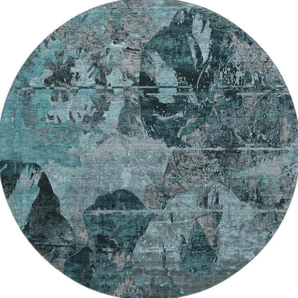 HomeRoots 8' Teal and Gray Abstract Round Rug – Stylish, Washable, UV Protected, Perfect for High Traffic Areas 648877
