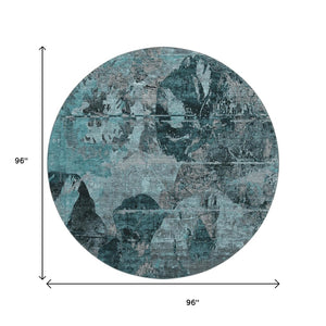 HomeRoots 8' Teal and Gray Abstract Round Rug – Stylish, Washable, UV Protected, Perfect for High Traffic Areas 648877