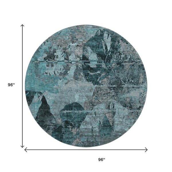 HomeRoots 8' Teal and Gray Abstract Round Rug – Stylish, Washable, UV Protected, Perfect for High Traffic Areas 648877