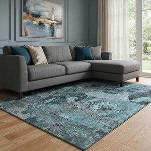 HomeRoots 8' X 10' Teal And Gray Abstract Area Rug - Stylish, Washable, UV-Protected, Perfect for Any Room! 648878