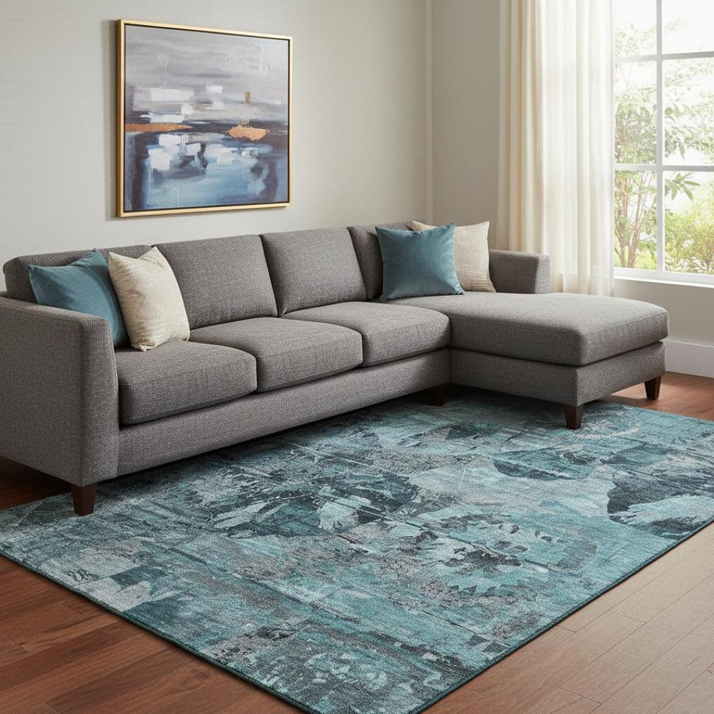 HomeRoots 9' x 12' Teal and Gray Abstract Washable Area Rug with UV Protection for Modern Homes and Families 648879