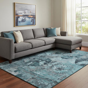 HomeRoots 9' x 12' Teal and Gray Abstract Washable Area Rug with UV Protection for Modern Homes and Families 648879