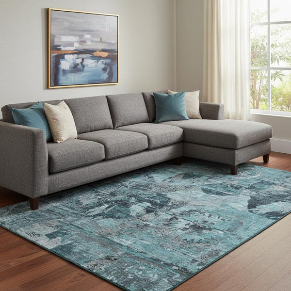 HomeRoots 9' x 12' Teal and Gray Abstract Washable Area Rug with UV Protection for Modern Homes and Families 648879