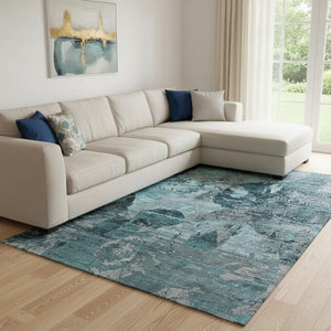HomeRoots 10' X 14' Teal and Gray Abstract Area Rug - Washable, UV Resistant, Stain-Proof for High-Traffic Spaces 648880