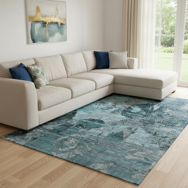 HomeRoots 10' X 14' Teal and Gray Abstract Area Rug - Washable, UV Resistant, Stain-Proof for High-Traffic Spaces 648880