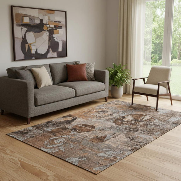 HomeRoots 5' X 8' Stylish Terra Cotta and Gray Abstract Washable Area Rug with UV Protection for Busy Homes 648882