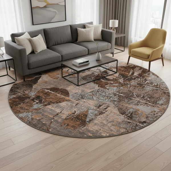 HomeRoots 8' Terra Cotta & Gray Abstract Round Rug - Washable, UV Protected, Stain Resistant for High-Traffic Areas 648883