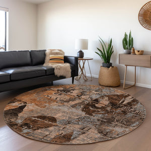 HomeRoots 8' Terra Cotta & Gray Abstract Round Rug - Washable, UV Protected, Stain Resistant for High-Traffic Areas 648883