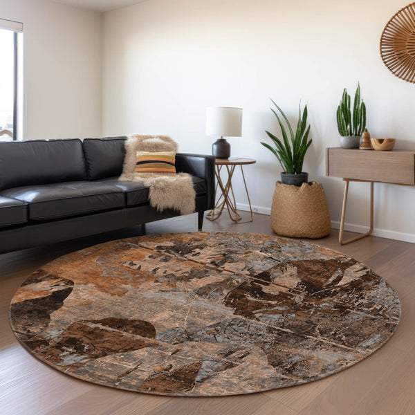 HomeRoots 8' Terra Cotta & Gray Abstract Round Rug - Washable, UV Protected, Stain Resistant for High-Traffic Areas 648883